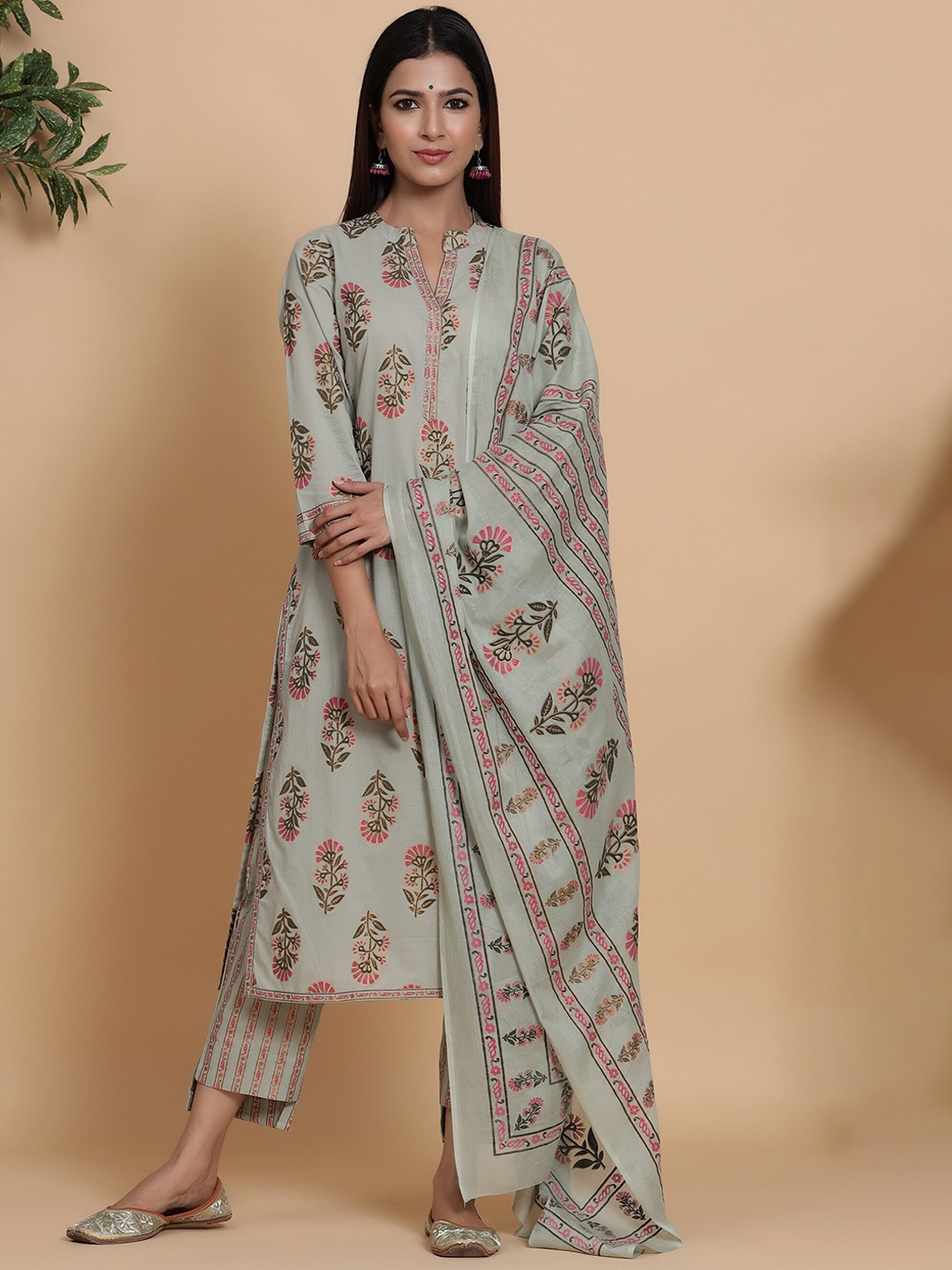 

mirari Peach-Coloured Ethnic Motifs Printed Pure Cotton Kurta with Trousers & Dupatta