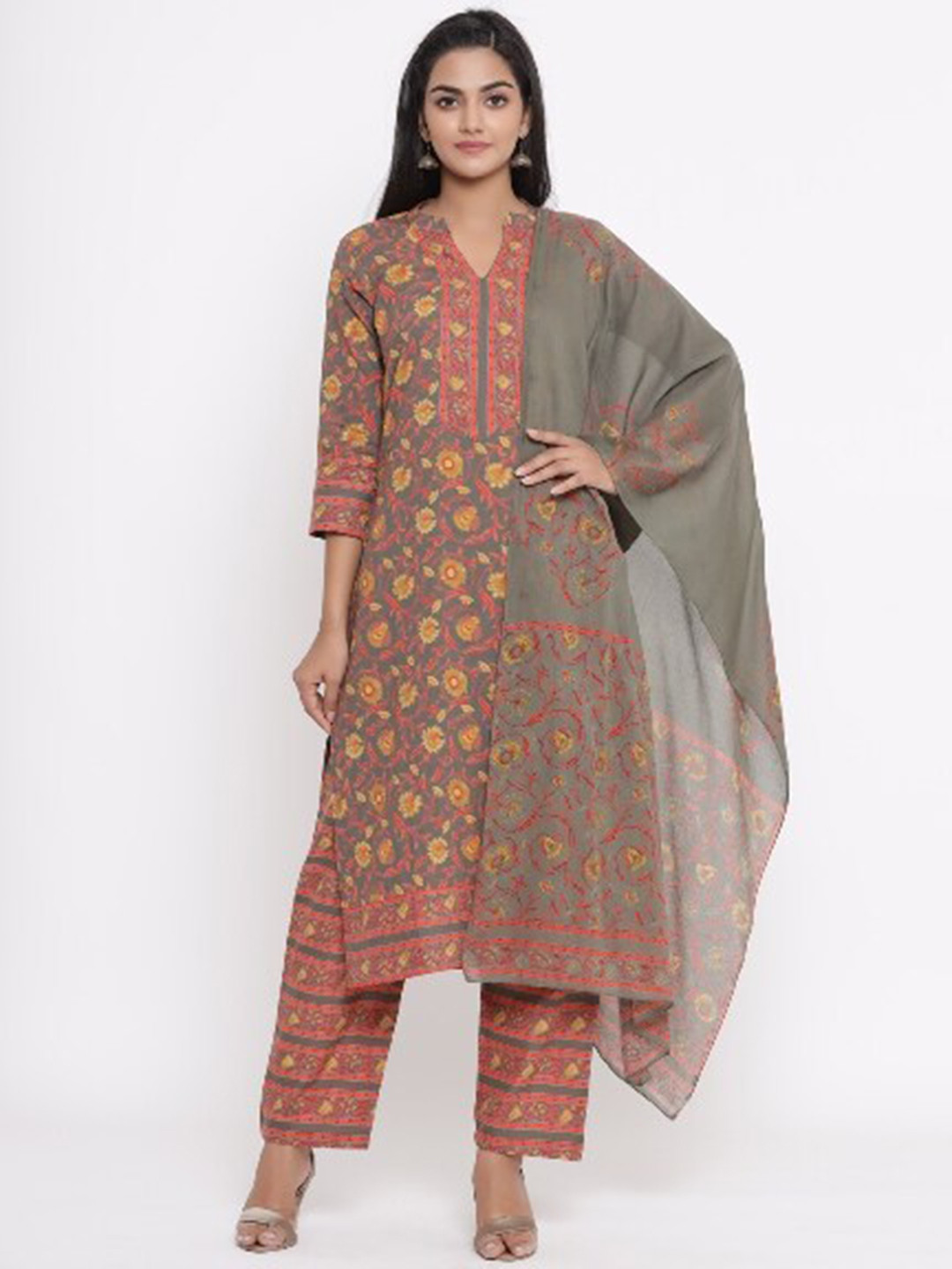 

mirari Women Grey & Red Floral Printed Kurta With Trousers & Dupatta