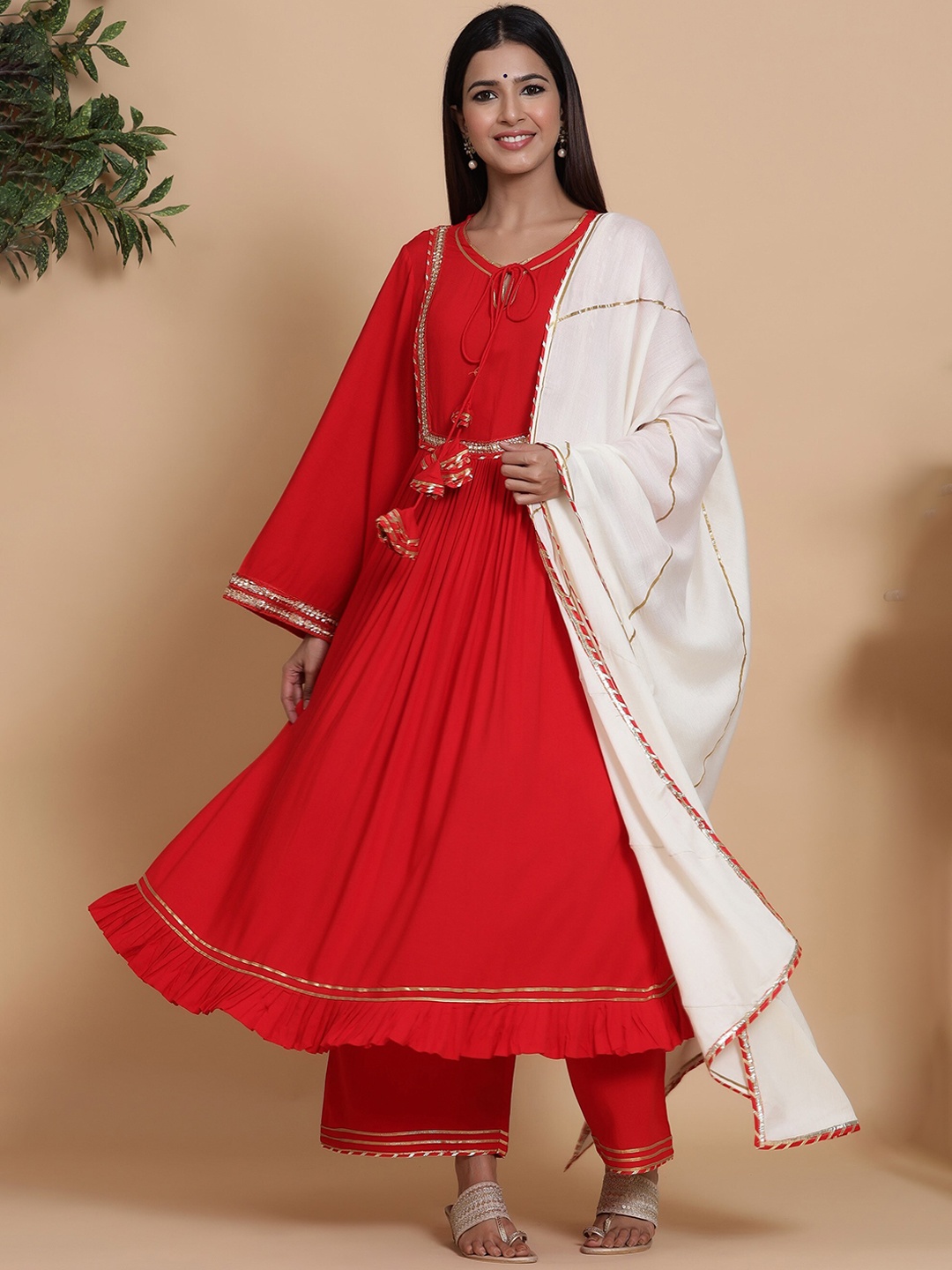 

mirari Women Red Embroidered Angrakha Gotta Patti Kurta with Dupatta