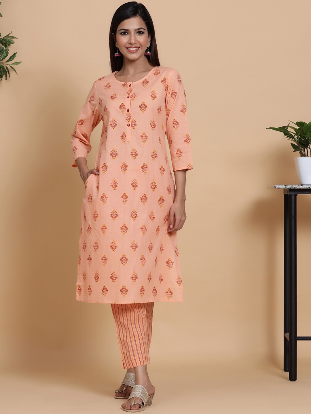 

mirari Peach-Coloured Ethnic Motifs Printed Pure Cotton Kurta with Trousers