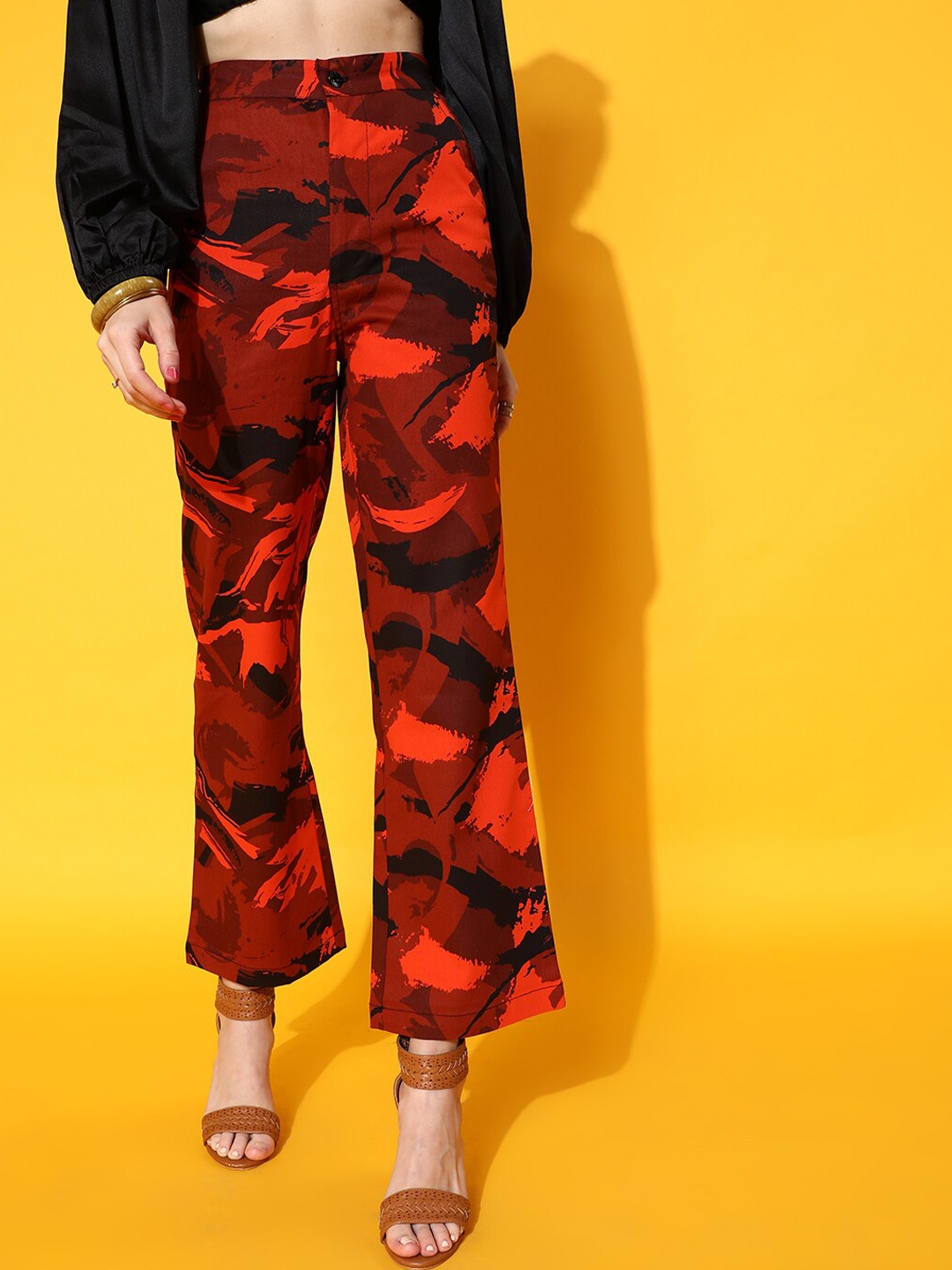 

STREET 9 Women Red Smart Flared High-Rise Trousers, Orange