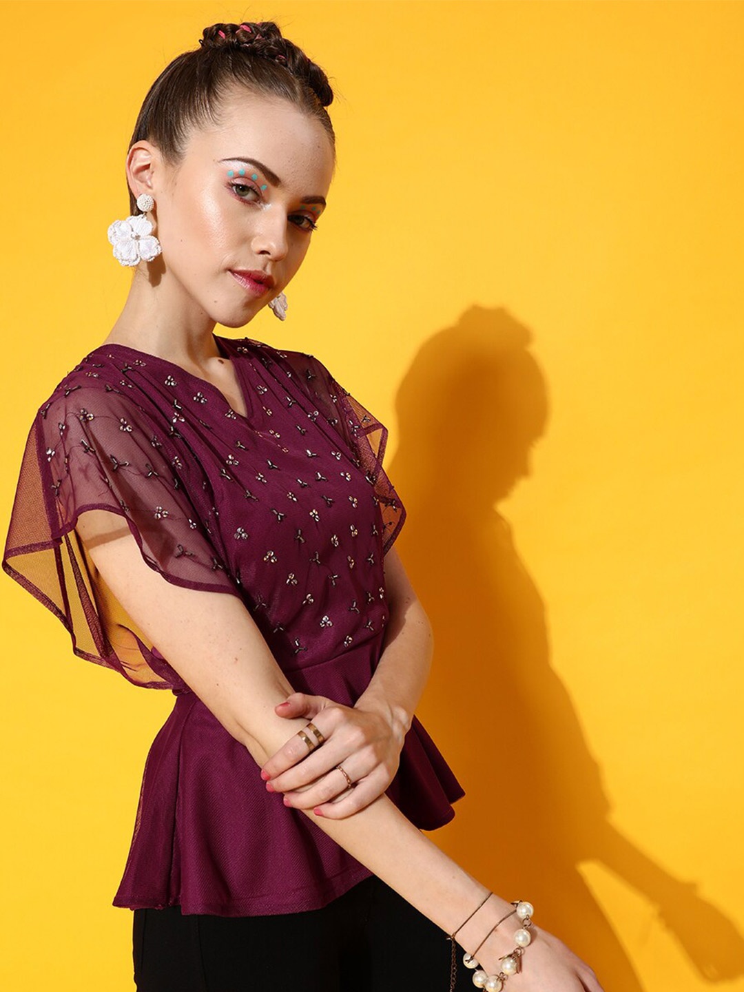 

STREET 9 Maroon Embellished Net Cinched Waist Top