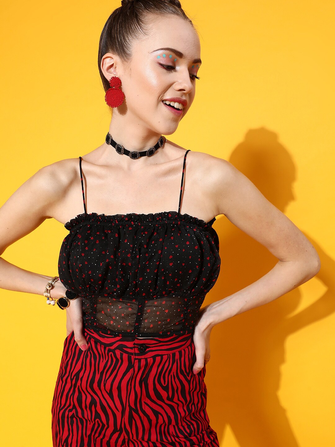 

STREET 9 Women Black Print Chiffon Blouson Top