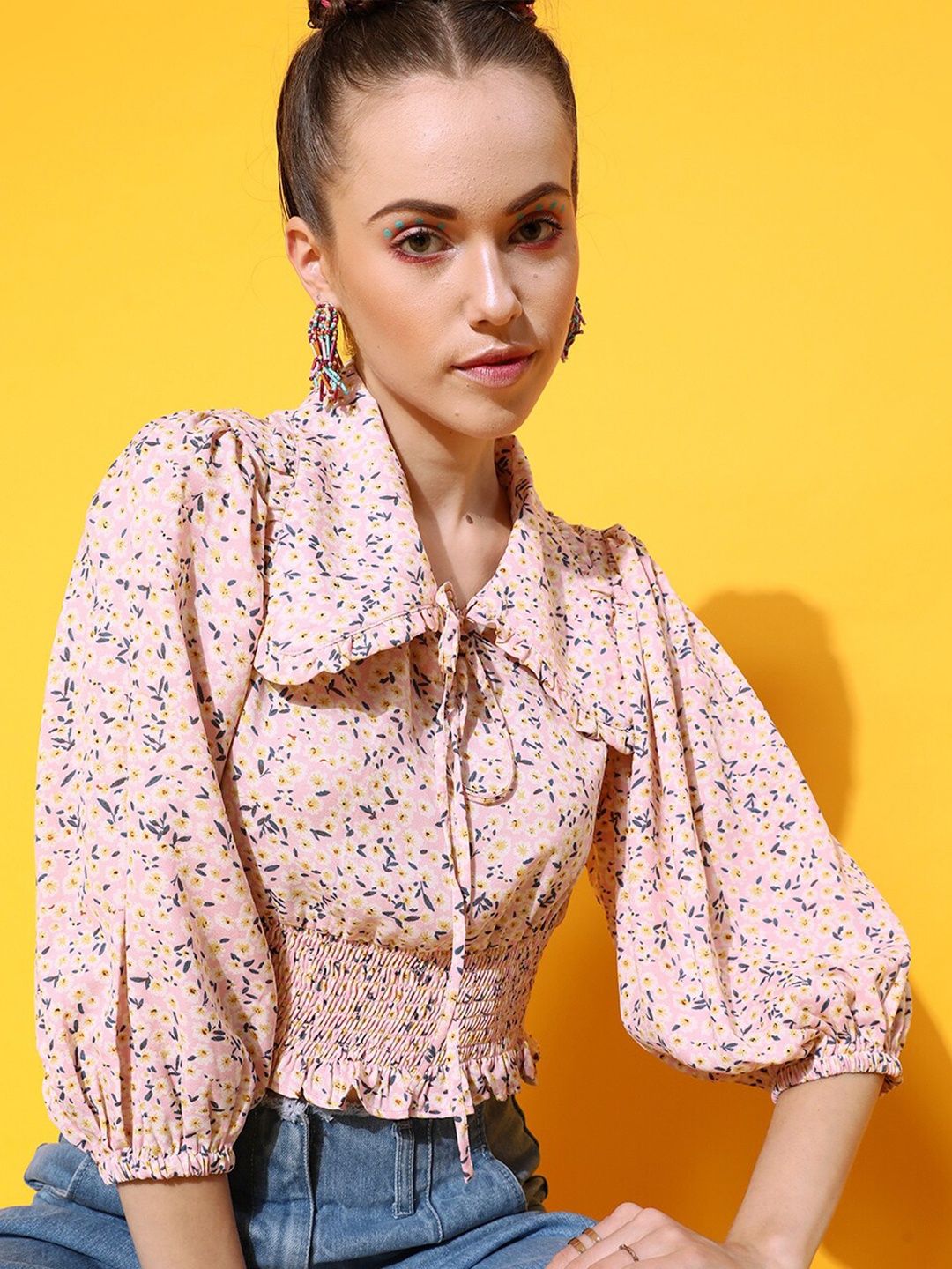 STREET 9 Multicoloured Printed Bishop Sleeves Crop Top, Multi