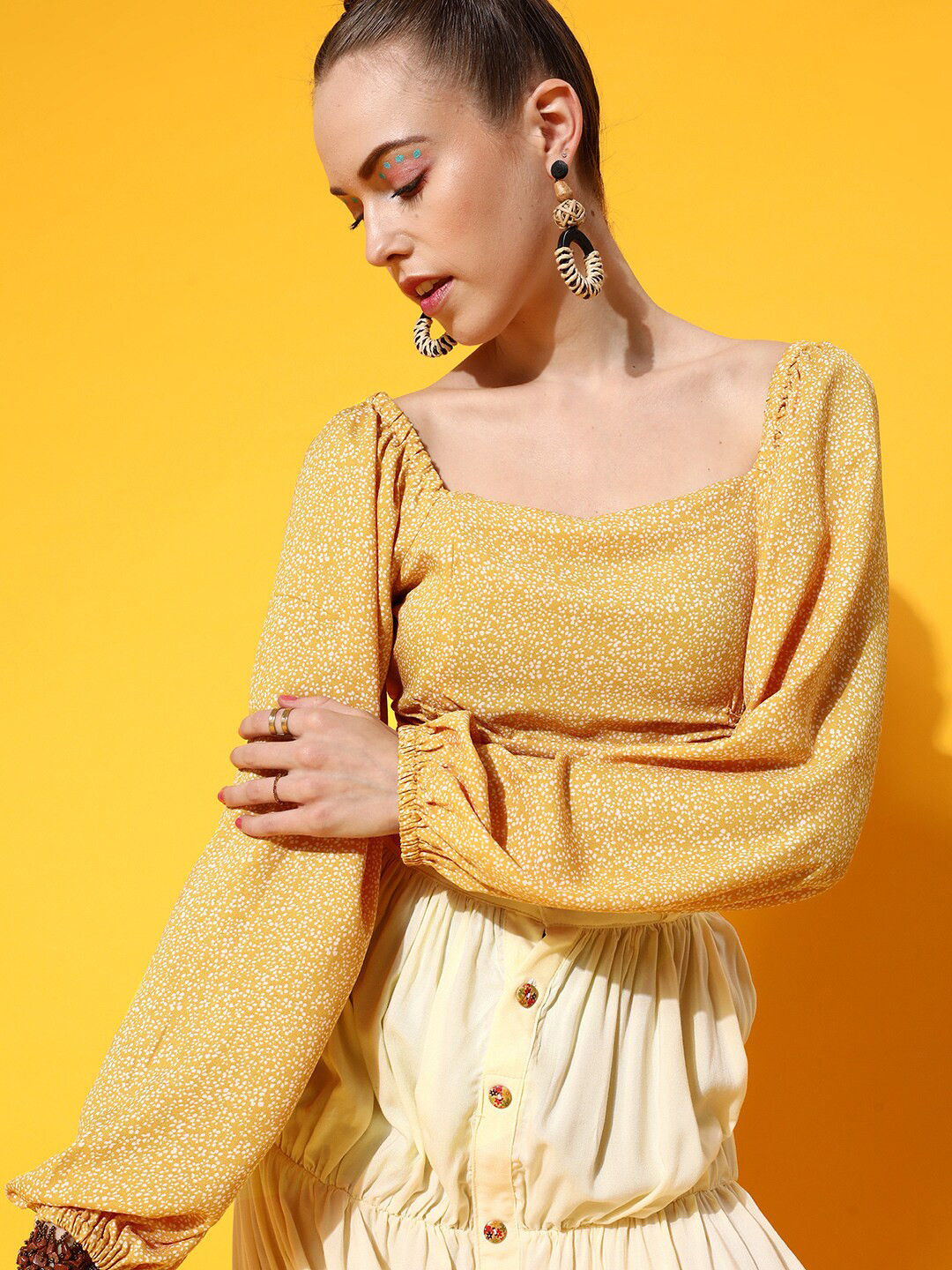 

STREET 9 Women Yellow Printed Long Sleeve Georgette Top