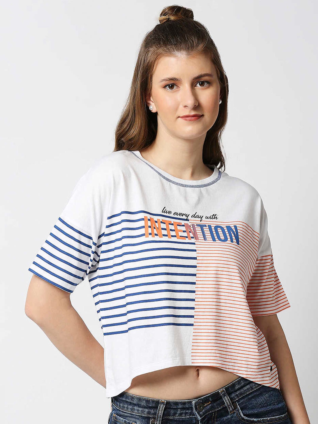 

Pepe Jeans Women Off White & Blue Striped T-shirt
