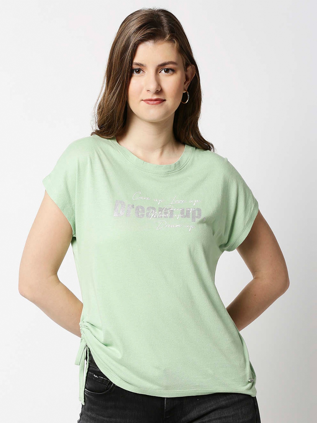 

Pepe Jeans Women Green Typography Printed Extended Sleeves T-shirt