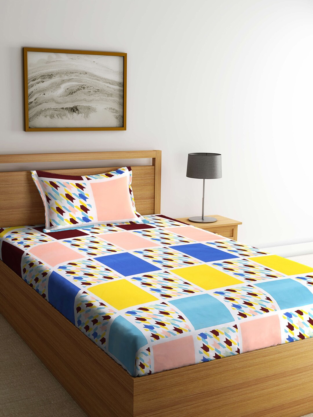 

KLOTTHE White & Blue Geometric 300 TC Single Bedsheet with 1 Pillow Cover