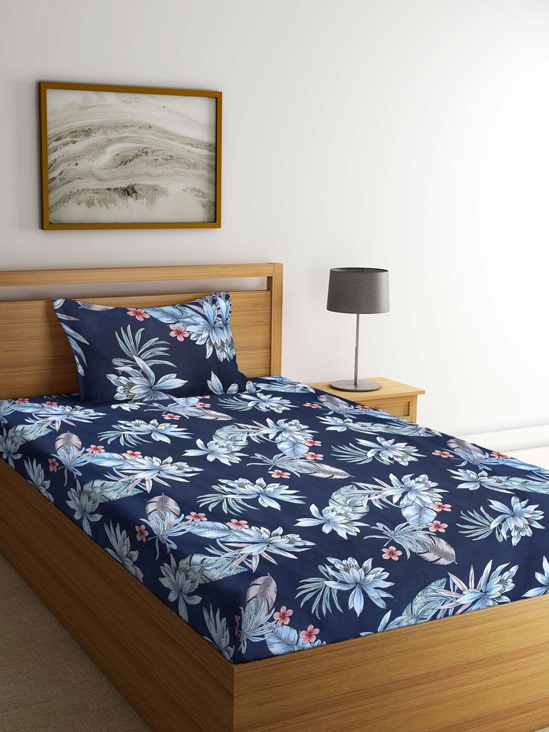 

KLOTTHE Blue Floral 300 TC Single Bedsheet with 1 Pillow Covers