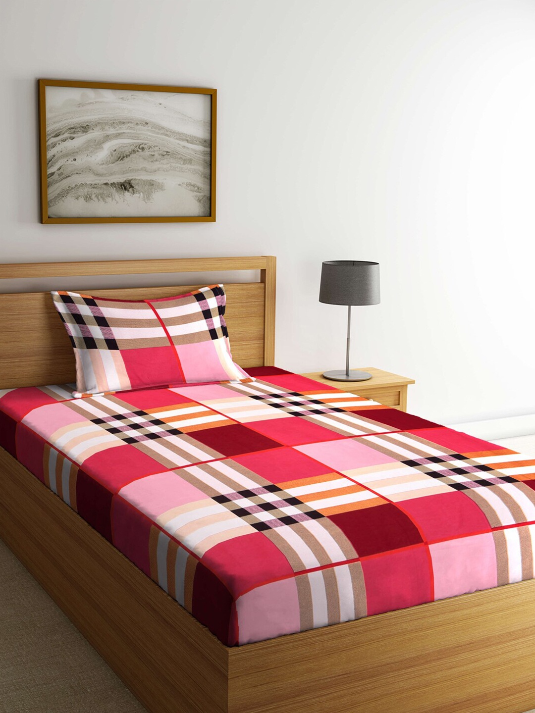 KLOTTHE Red & White Geometric 300 TC Single Bedsheet with 1 Pillow Covers