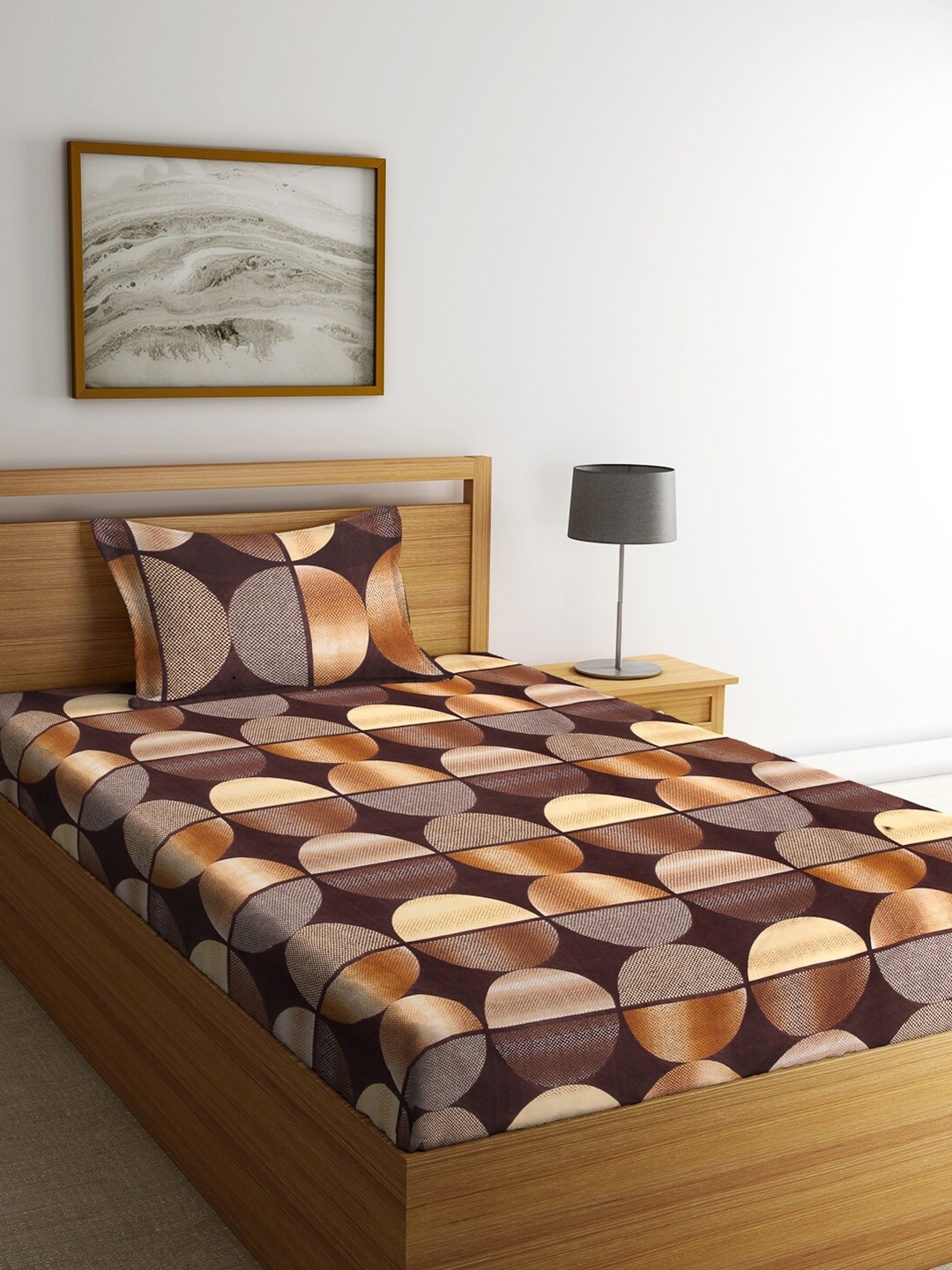 

KLOTTHE Brown & Coffee Brown Geometric 300 TC Cotton Single Bedsheet with 1 Pillow Cover