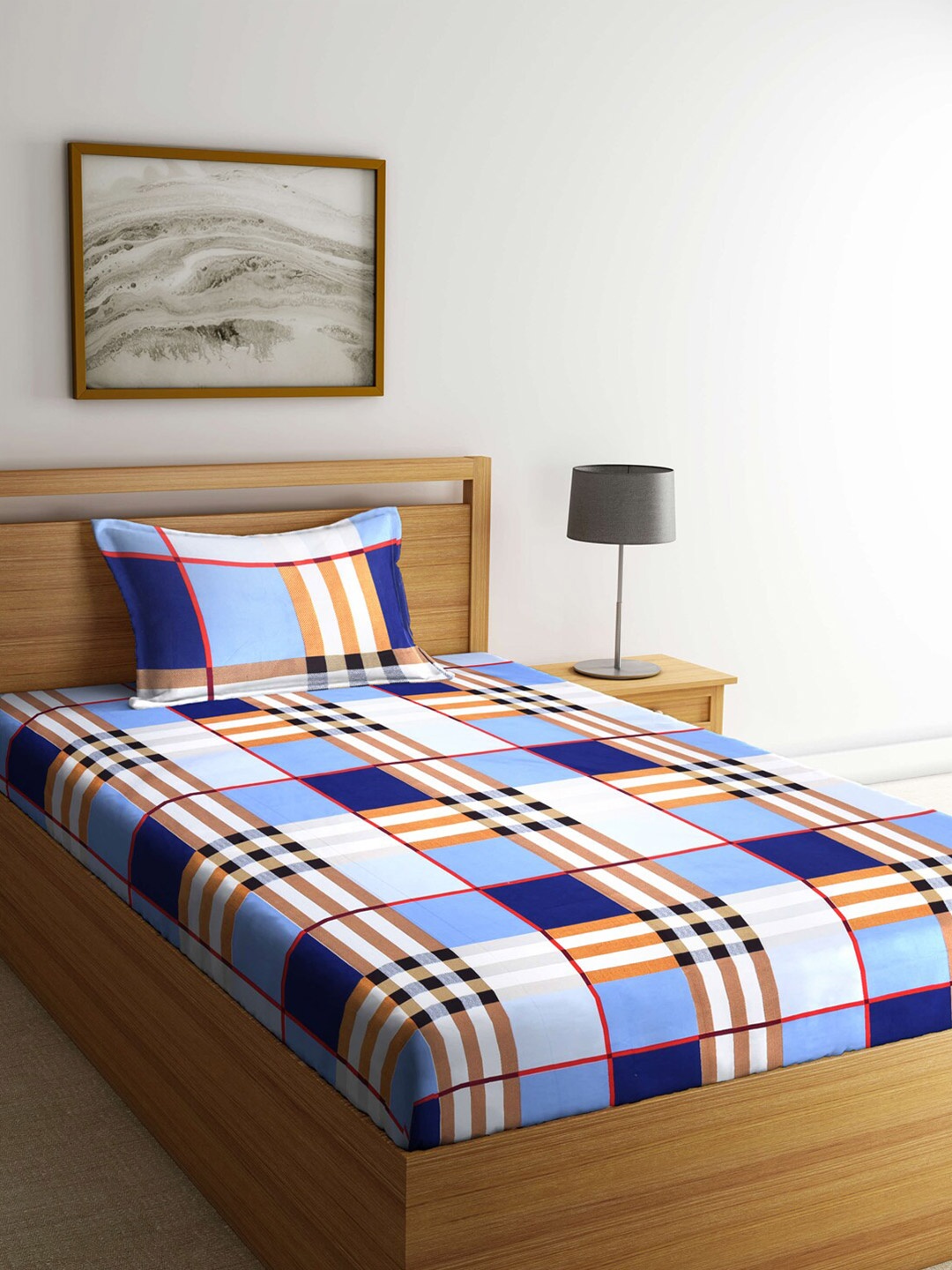 

KLOTTHE Blue & White Geometric 300 TC Single Bedsheet with 1 Pillow Covers