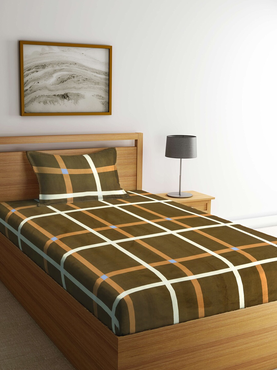 

KLOTTHE Brown & Off White Geometric 300 TC Single Bedsheet with 1 Pillow Covers