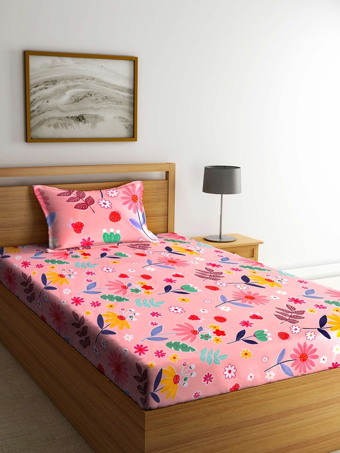 

KLOTTHE Pink & Yellow Floral 300 TC Single Cotton Blend Bedsheet with 1 Pillow Cover