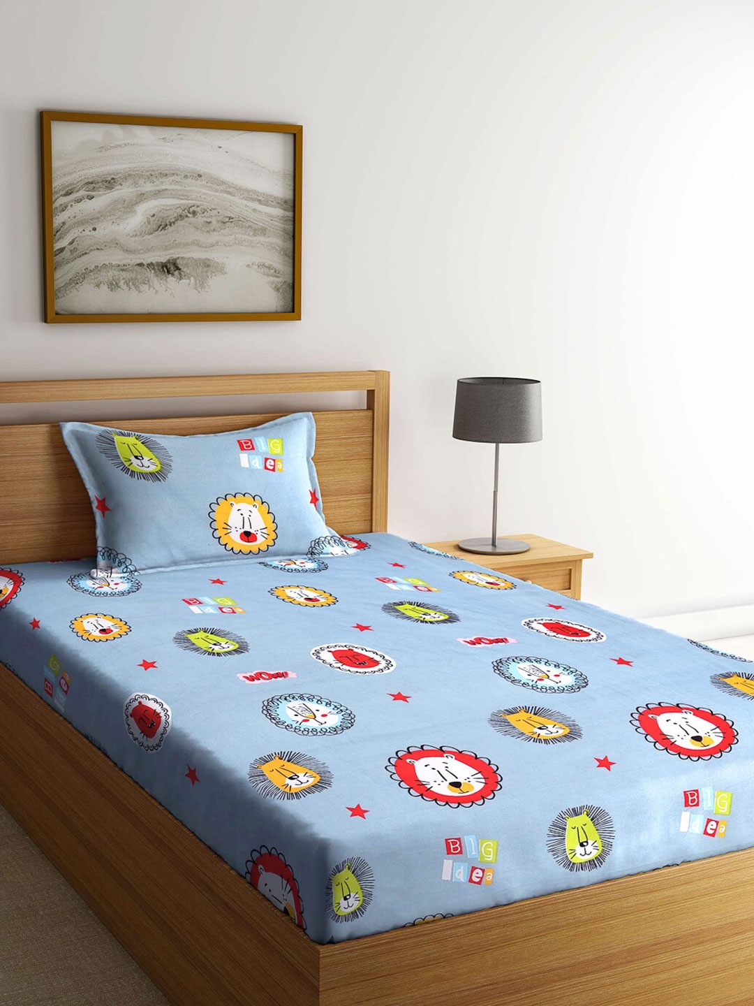 

KLOTTHE Blue & Multicoloured Cartoon Characters 300 TC Single Bedsheet with 1 Pillow Covers