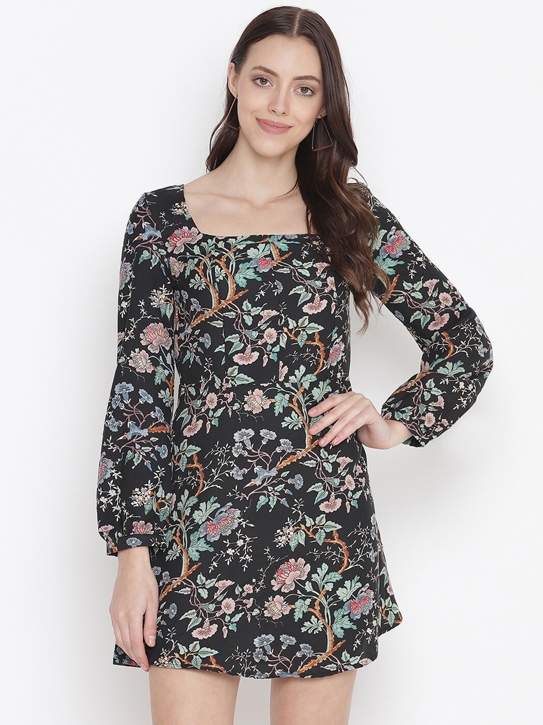 

Oxolloxo Black Floral Crepe A-Line Dress