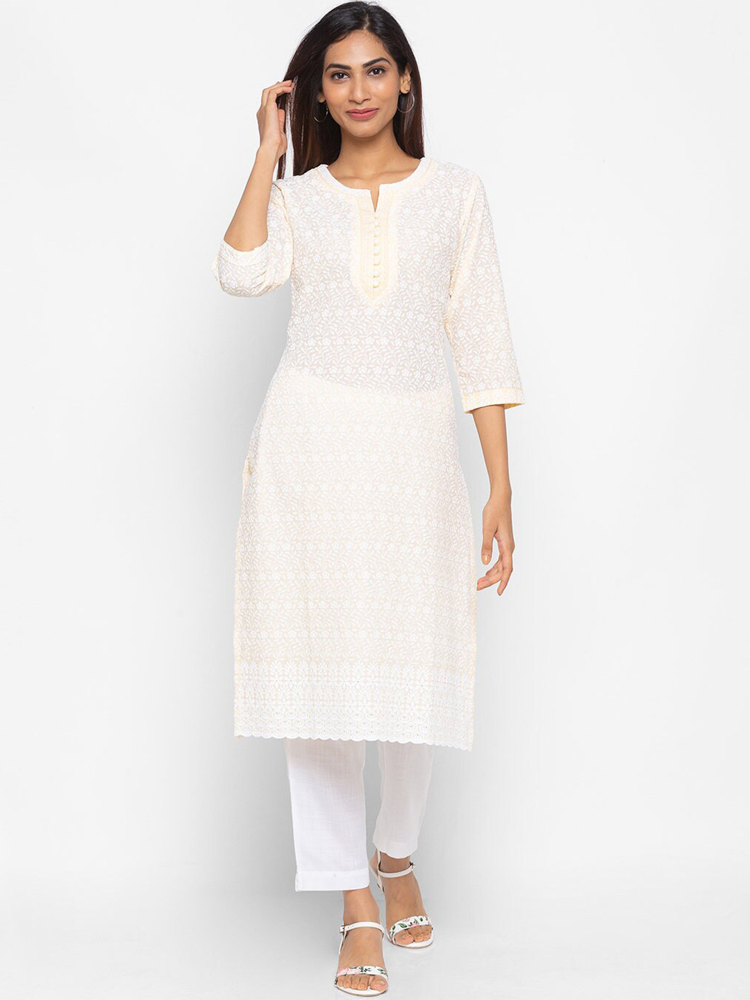 

ZOLA Women Yellow Embroidered Chikankari Kurta