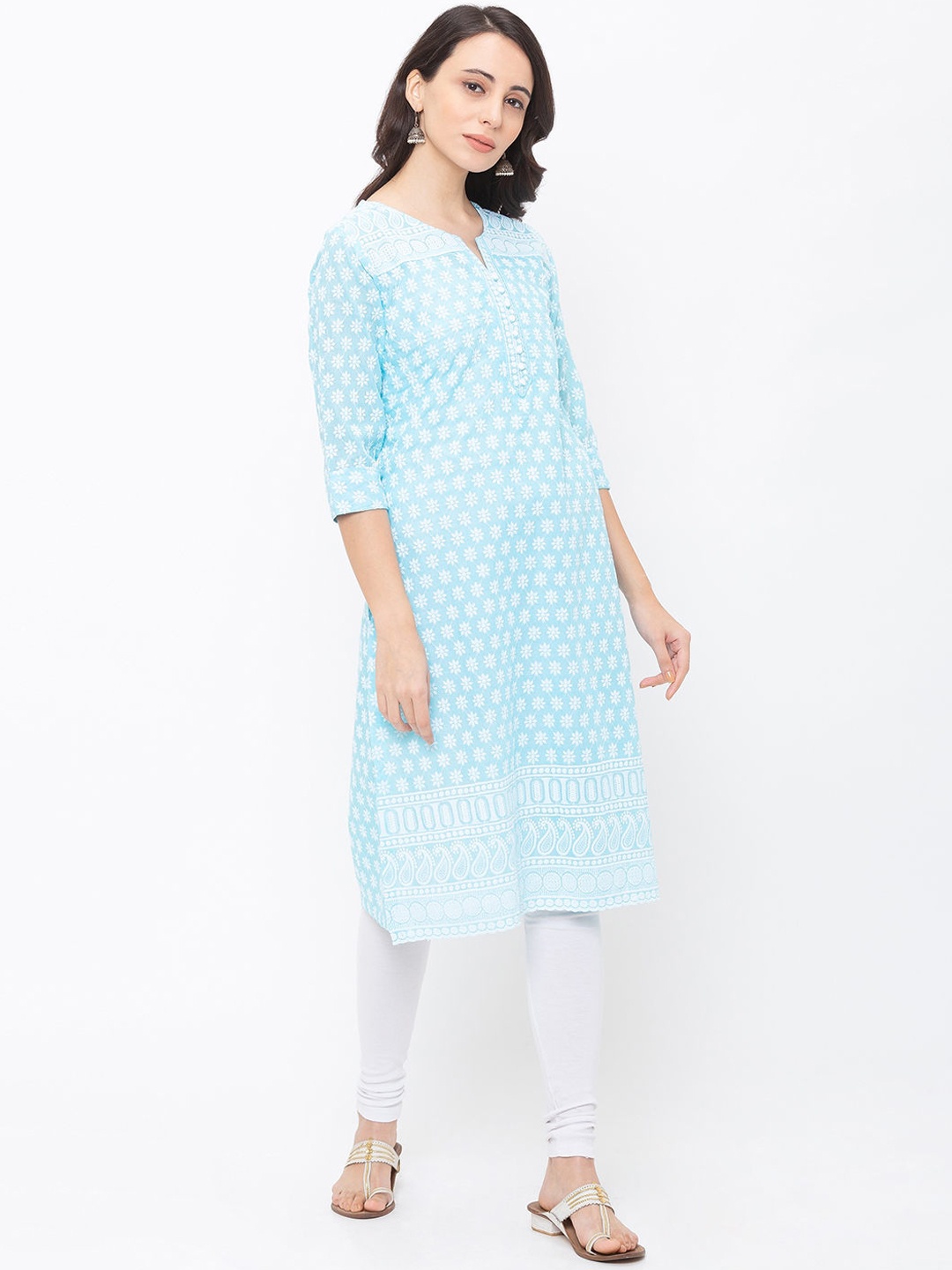 

ZOLA Women Blue Geometric Embroidered Pure Cotton Chikankari Kurta