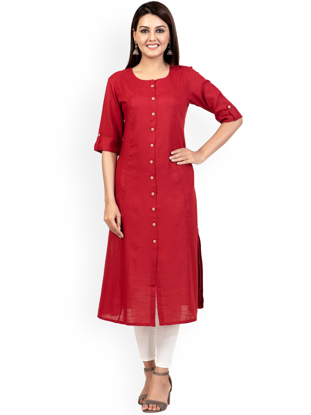 

ZOLA Women Maroon Rayon A-Line Button - Down Kurti with Pockets Kurta