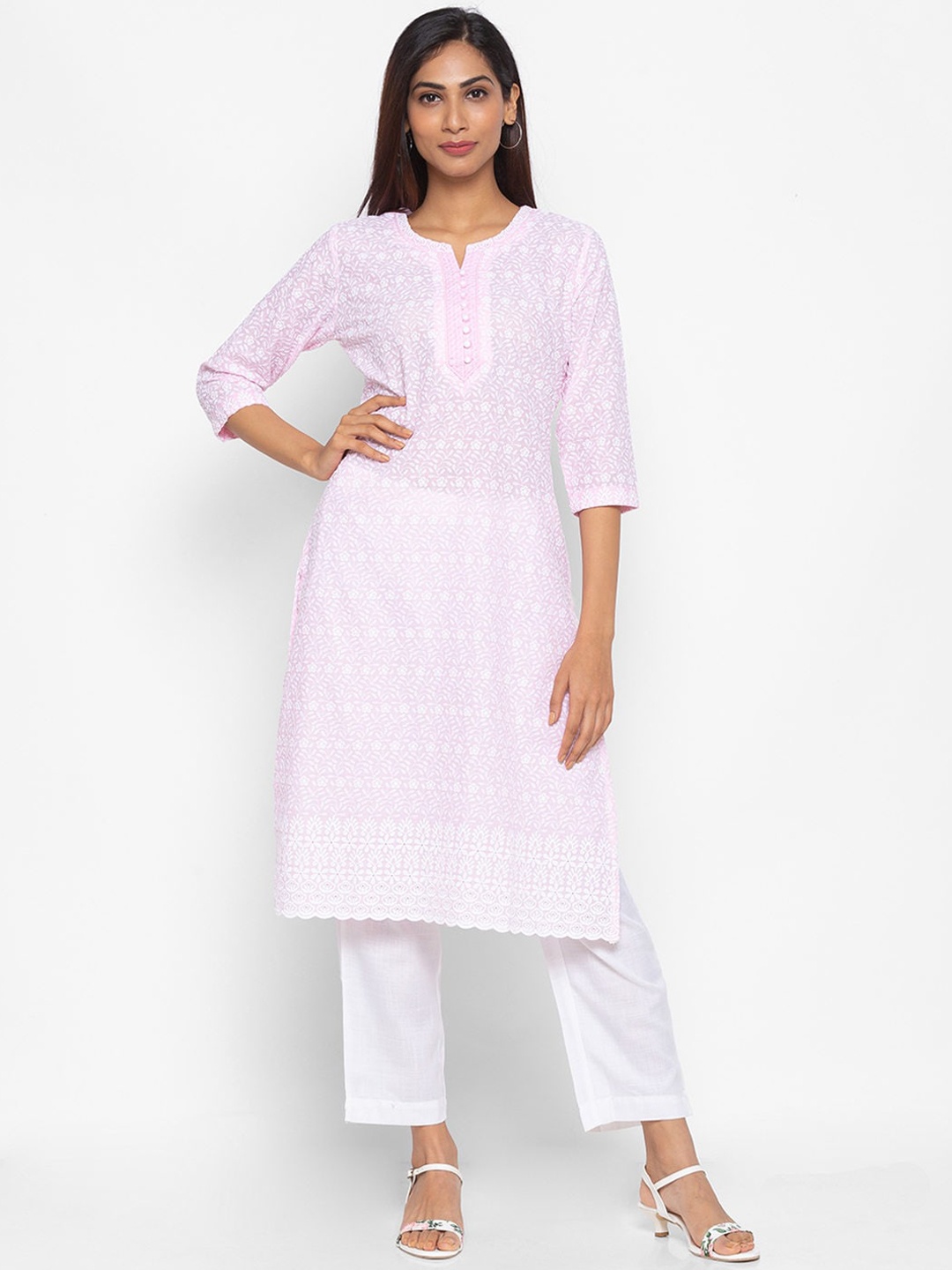 ZOLA Women Peach Colored Chikankari A-Line Kurta