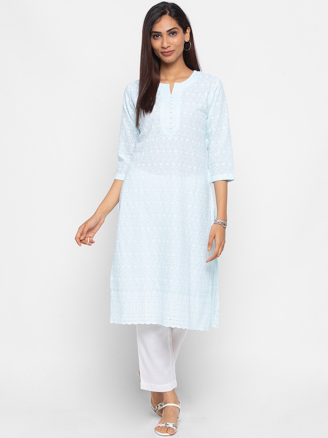 

ZOLA Women Blue Embroidered Chikankari Cotton Straight Kurta