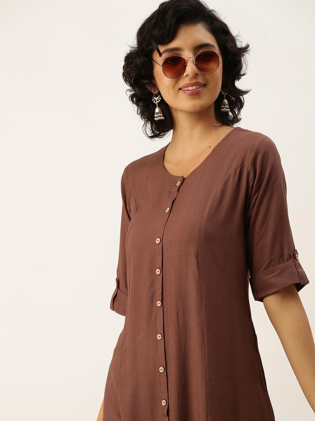 

ZOLA Women Burgundy Thread Work A-Line Button Button Kurta