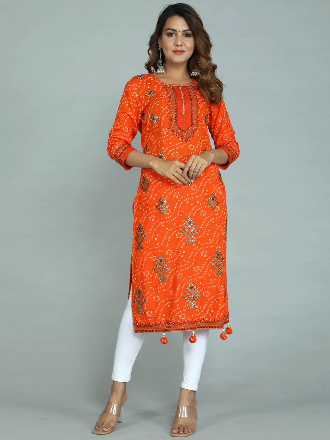 

gvs shoppe Women Orange Bandhani Printed Thread Work Kurta