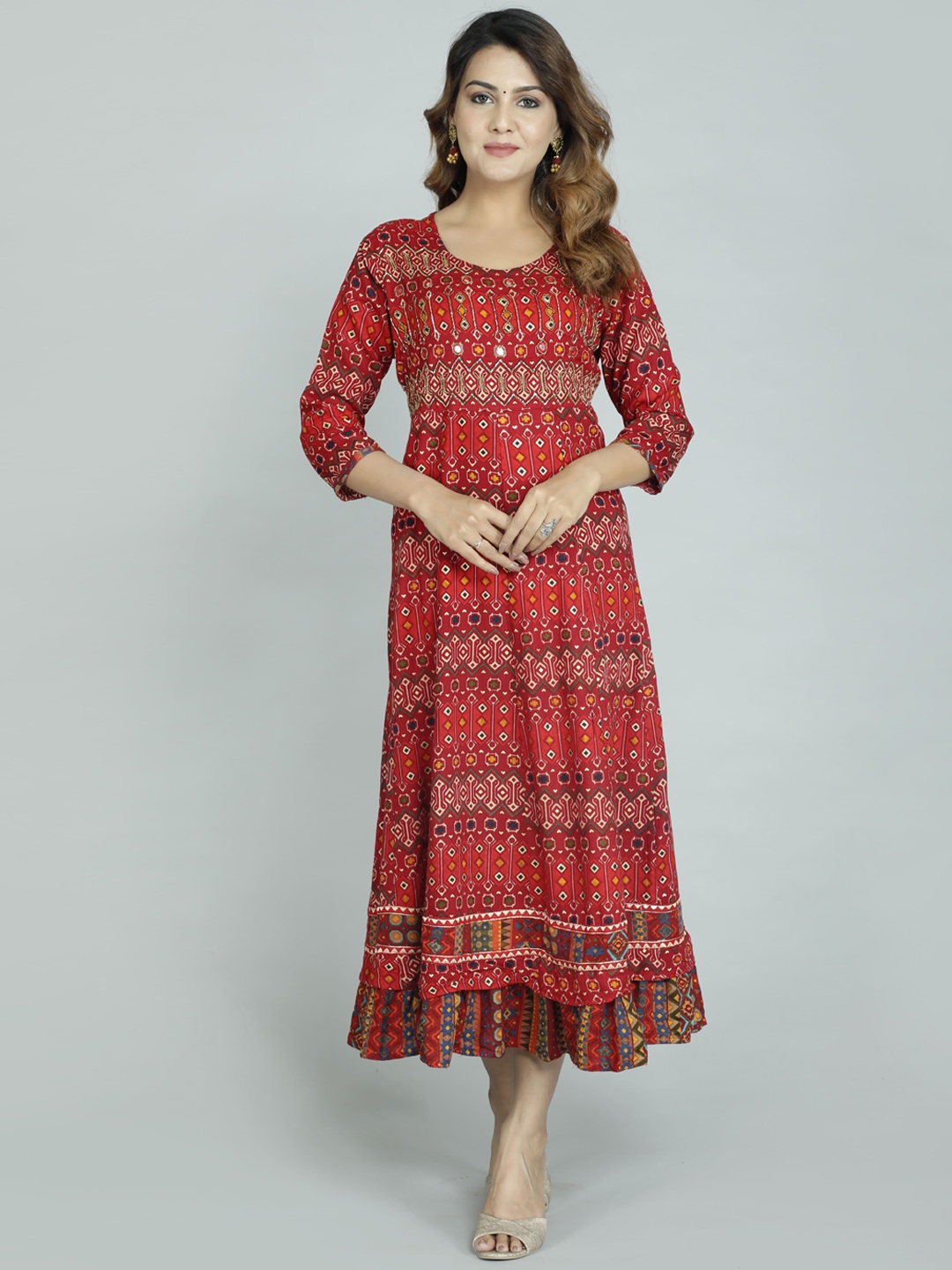 

gvs shoppe Women Red Ethnic Motifs Printed Mirror Work Anarkali Kurta