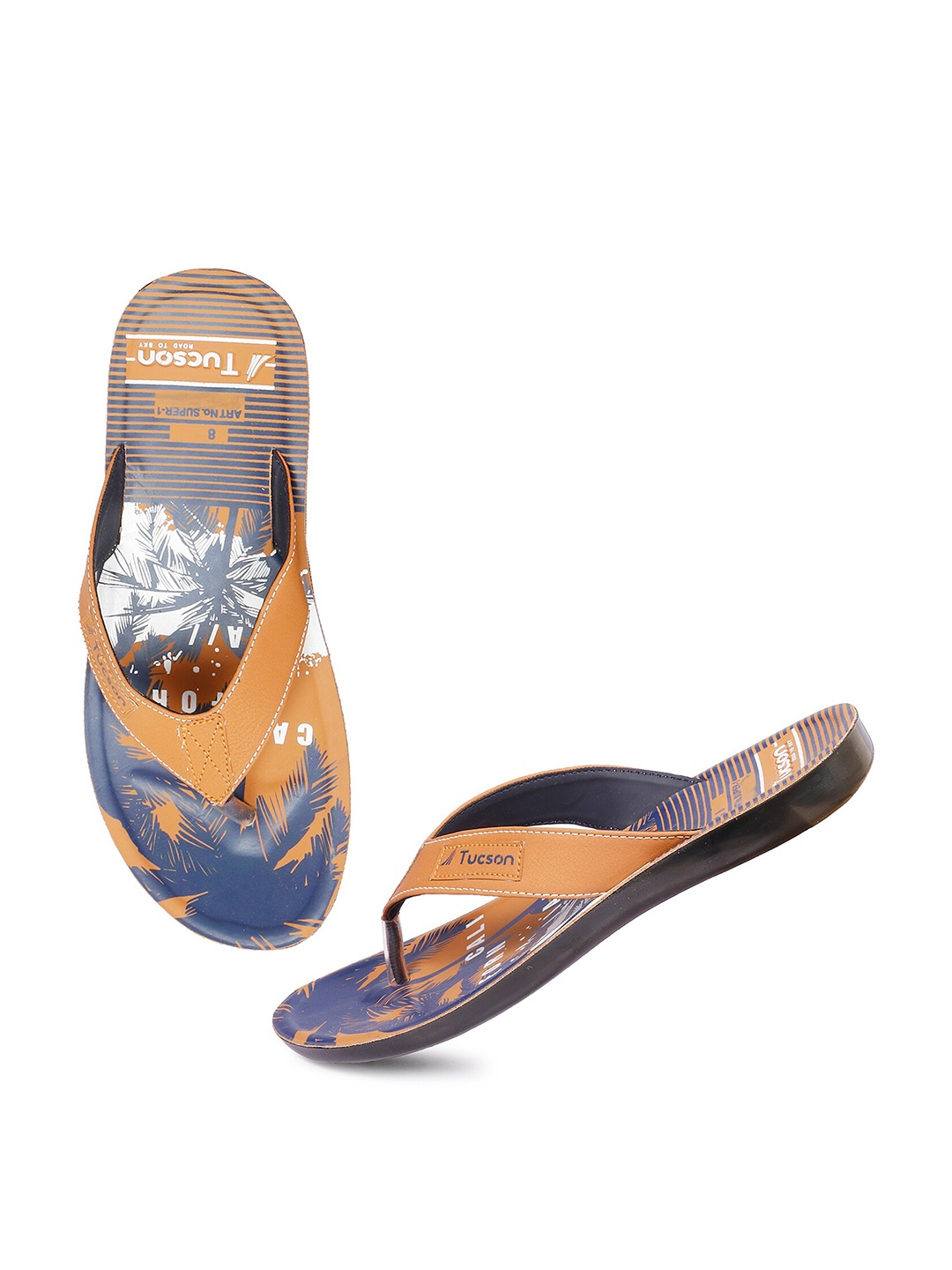 

Tucson Men Tan Brown & Blue Printed Flip Flops