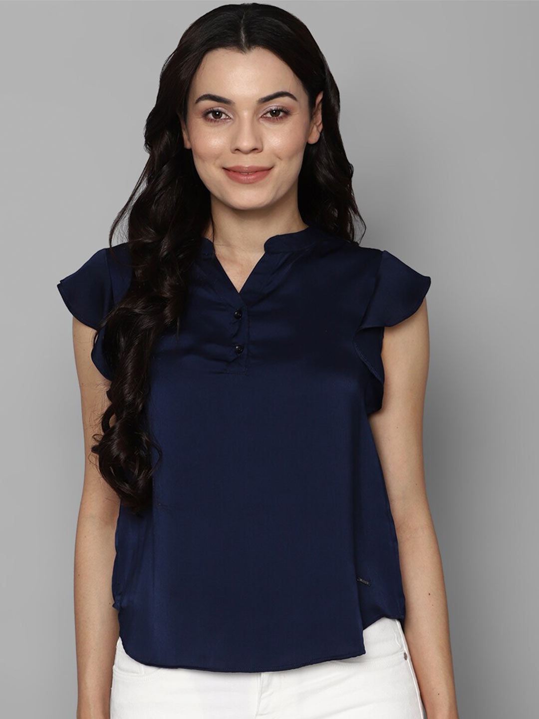

Allen Solly Woman Navy Blue Mandarin Collar Top