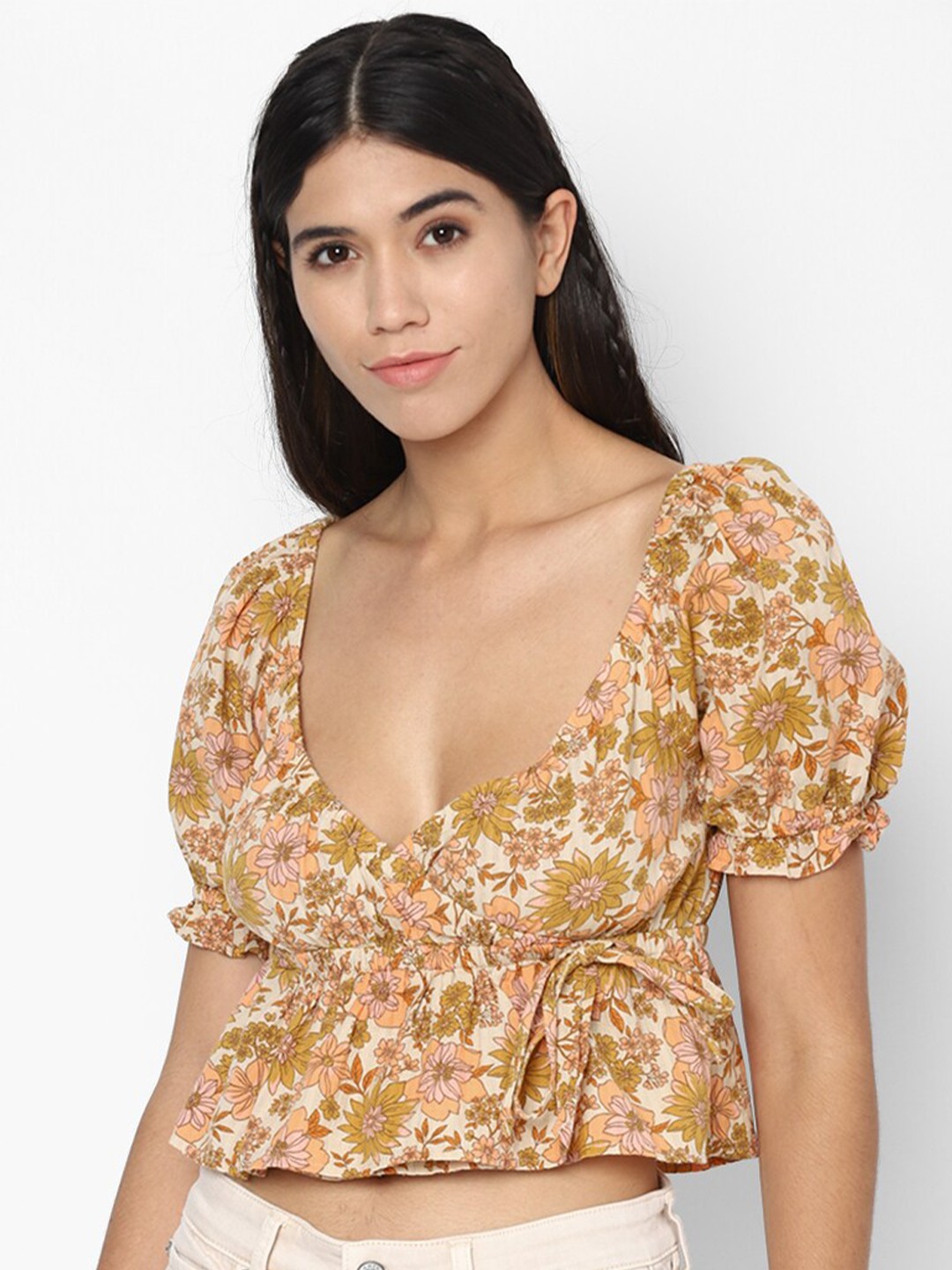 AMERICAN EAGLE OUTFITTERS Brown Floral Print Cinched Waist Crop Top