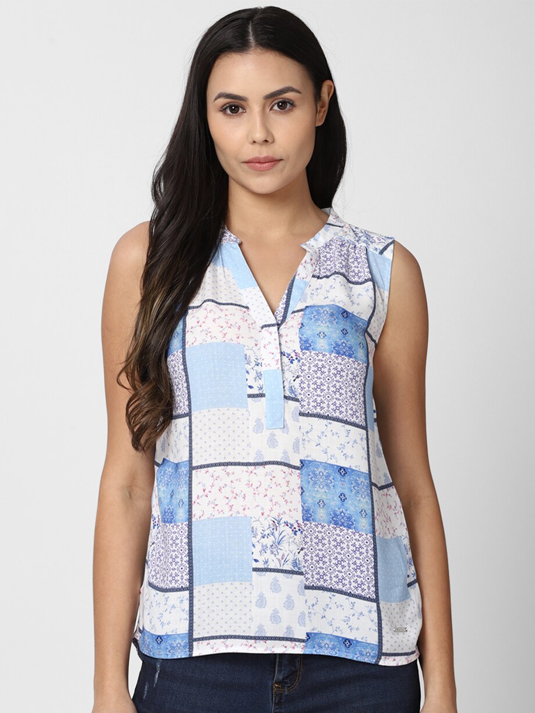 

Van Heusen Woman Blue Geometric Print Mandarin Collar Top