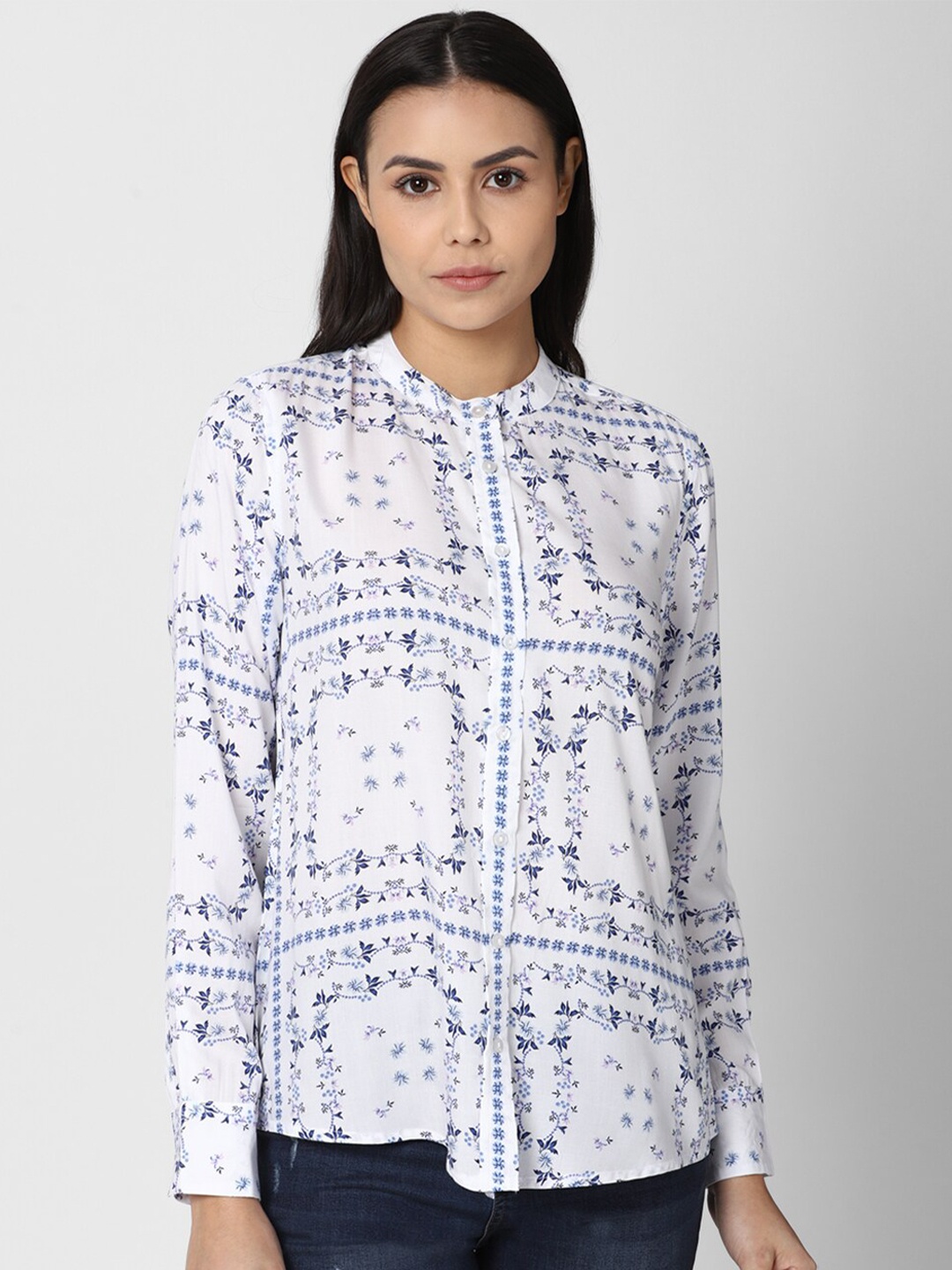 

Van Heusen Woman White Floral Print Mandarin Collar Shirt Style Top