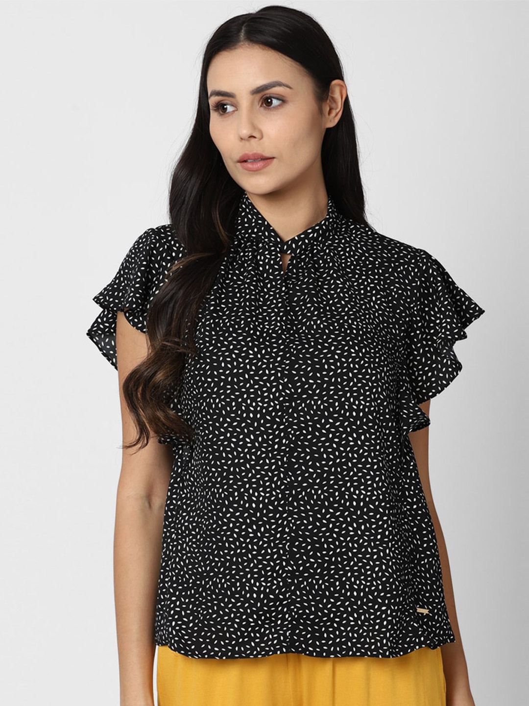 

Van Heusen Woman Black Print Tie-Up Neck Shirt Style Top