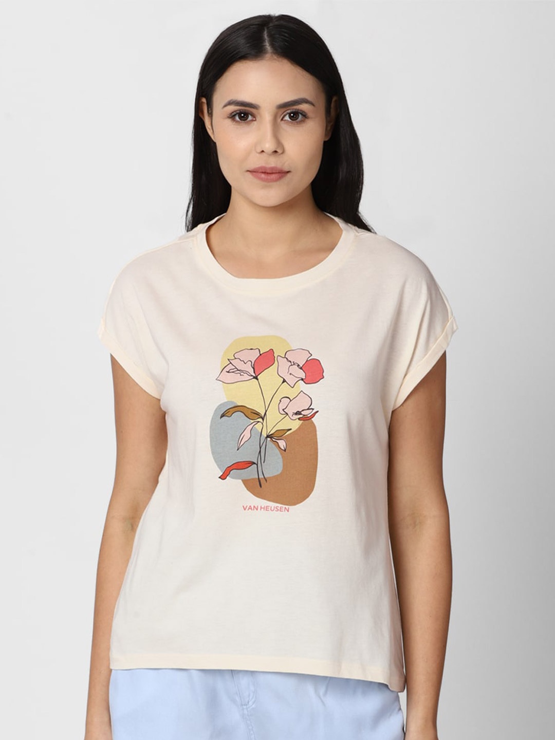 

Van Heusen Woman Cream-Coloured Print Extended Sleeves Top