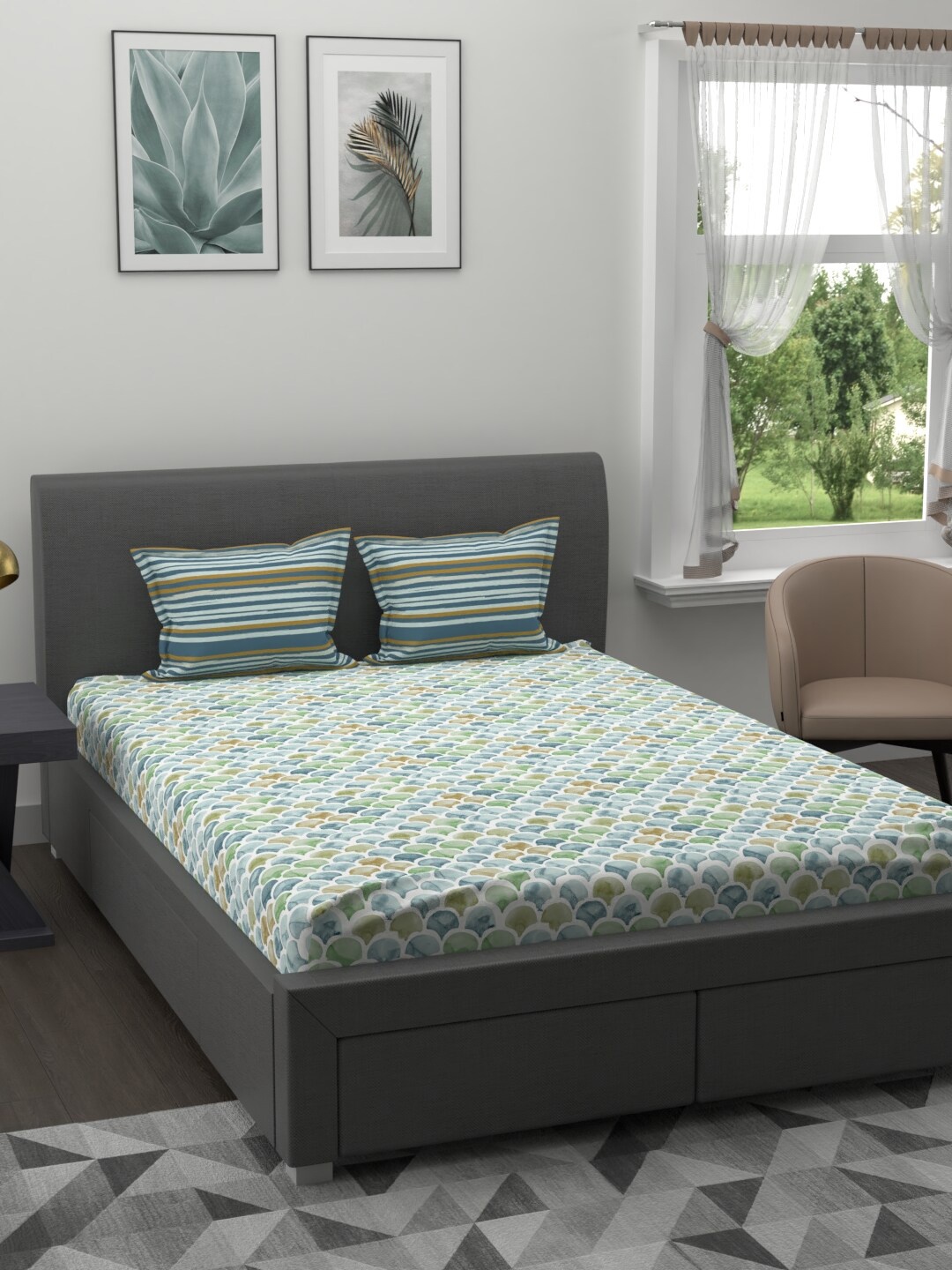 

BIANCA Blue & White Geometric 144 TC Queen Bedsheet with 2 Pillow Covers