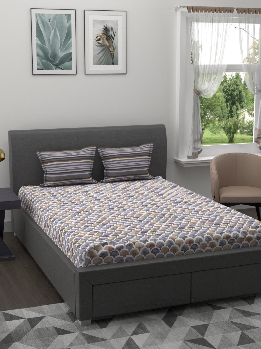 

BIANCA Brown & Grey Geometric 144 TC Pure Cotton Queen Bedsheet with 2 Pillow Covers