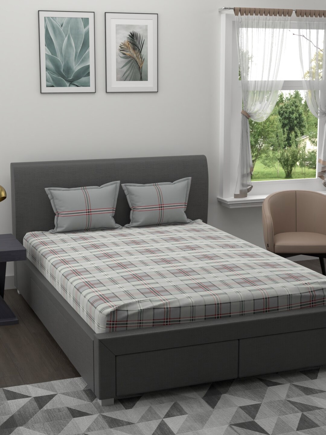 

BIANCA Grey & Red Geometric 144 TC Queen Bedsheet with 2 Pillow Covers