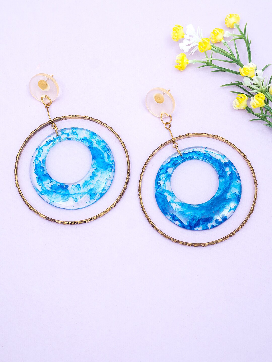 

Golden Peacock Blue Circular Drop Earrings