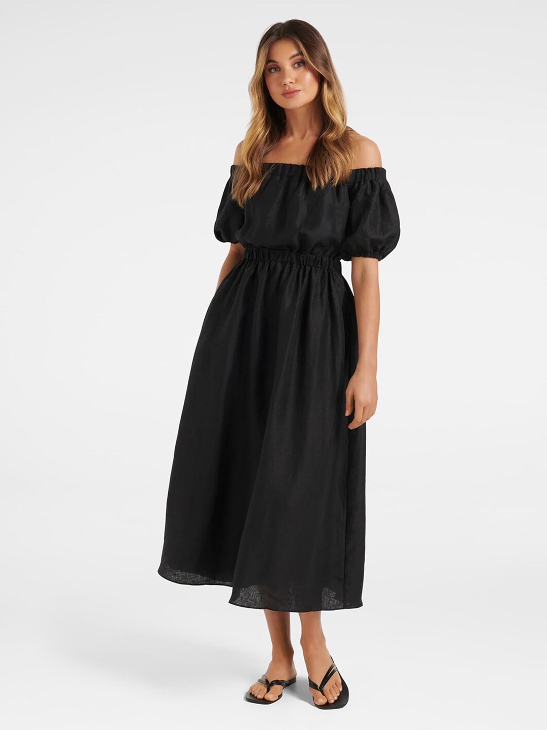

Forever New Black Off-Shoulder Linen Midi Dress