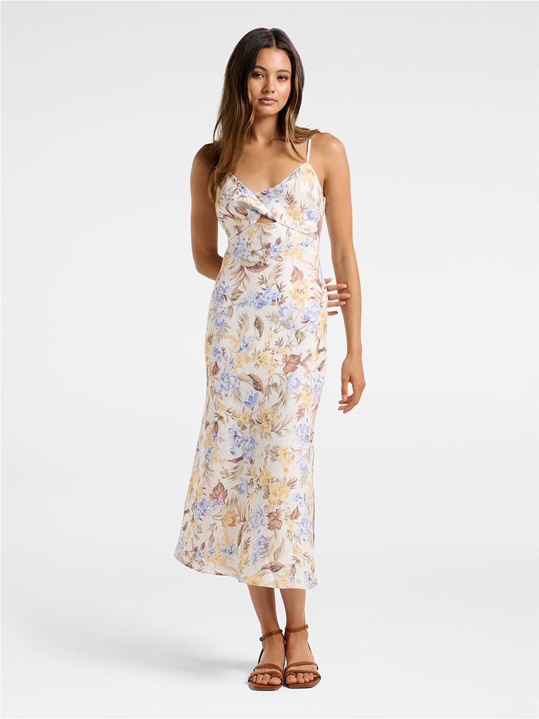 Forever New White Floral Linen A-Line Midi Dress