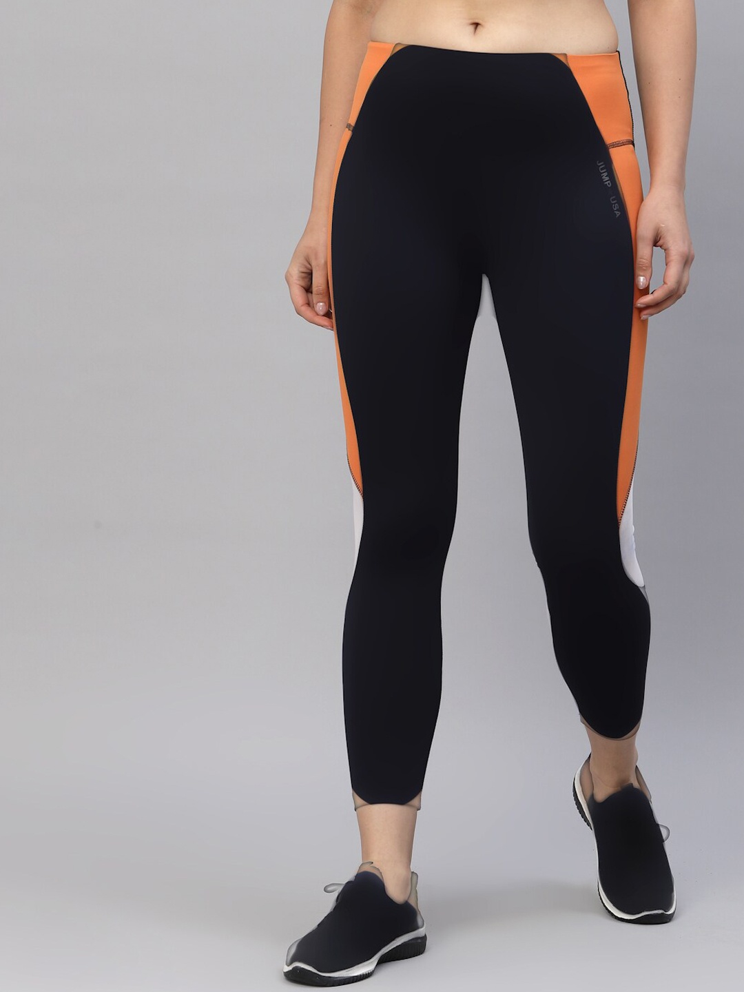 

JUMP USA Women Black & Orange Colorblocked Rapid-Dry Training & Gym Tights
