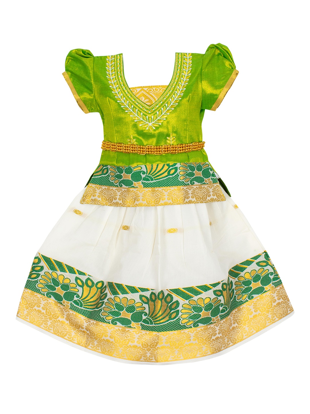 

AMIRTHA FASHION Girls Green & White Embroidered Ready to Wear Lehenga Choli