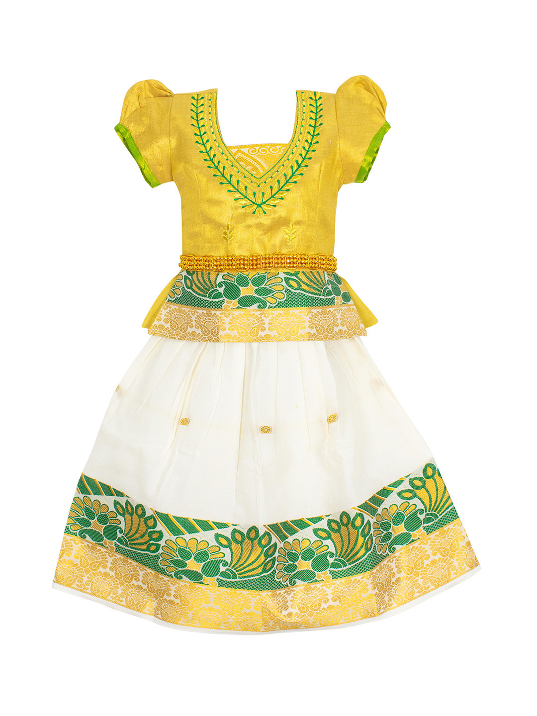 

AMIRTHA FASHION Girls Gold-Toned & Green Embroidered Thread Work Ready to Wear Lehenga