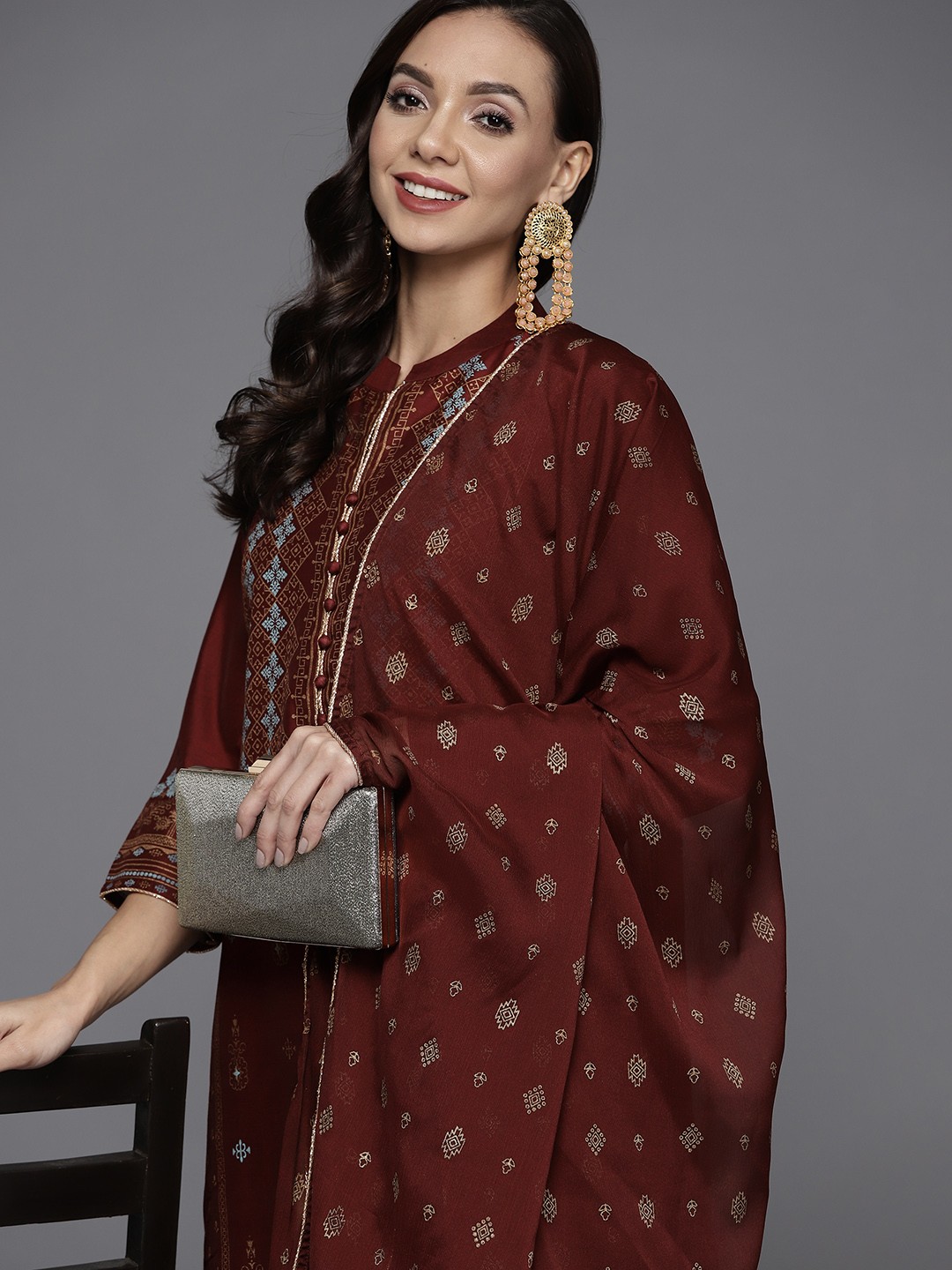 

Libas Women Maroon Ethnic Printed Chanderi Silk Kurta with Trousers & With Dupatta