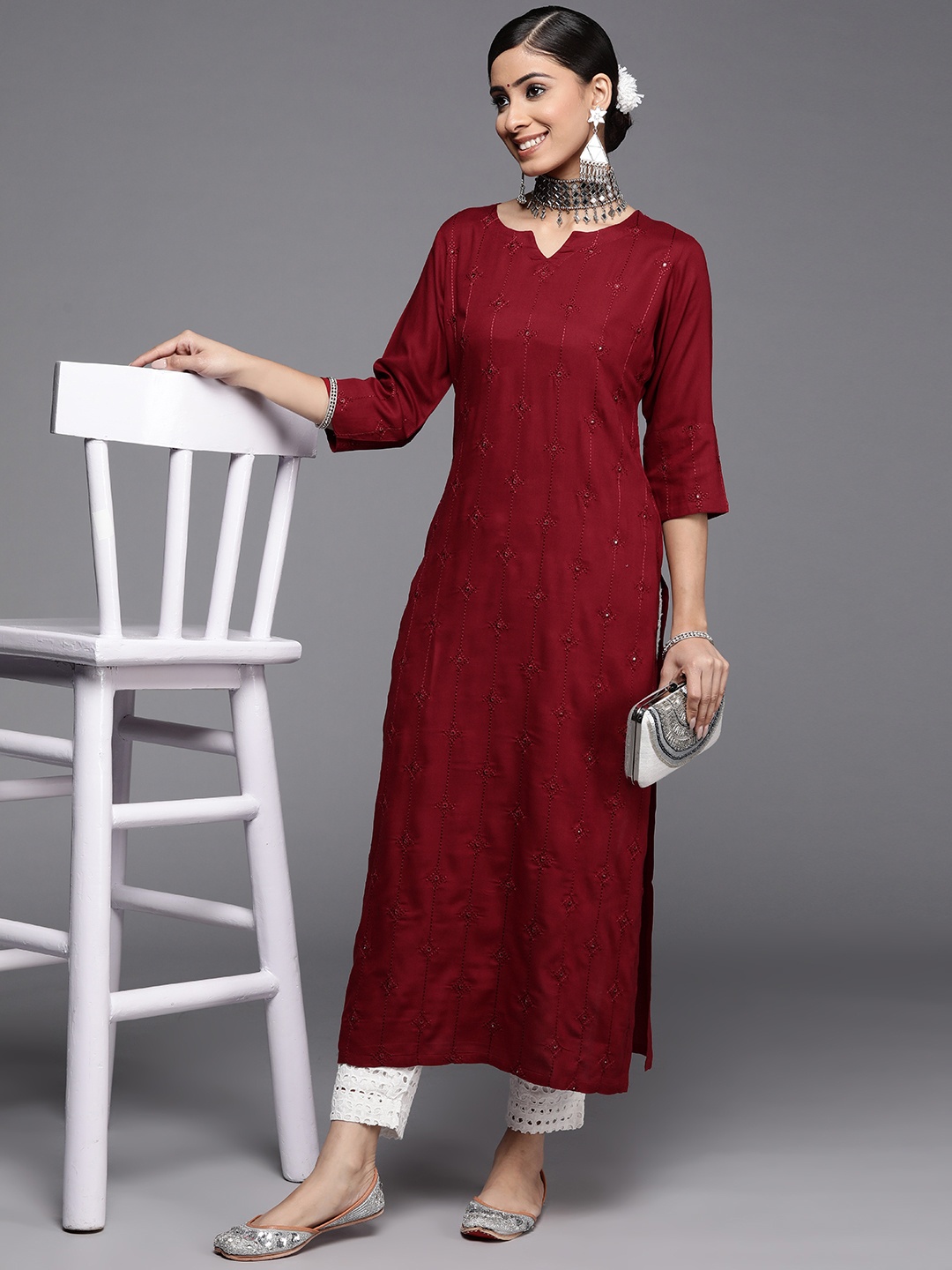 

Libas Women Maroon Embroidered Mirror Work Kurta