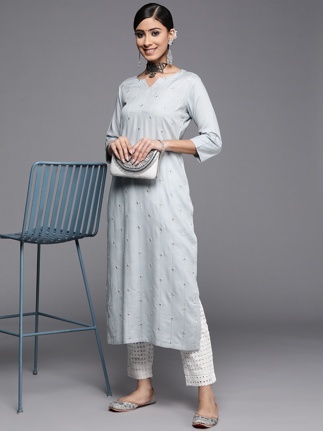 

Libas Women Embroidered Mirror Work Pastel Kurta, Grey
