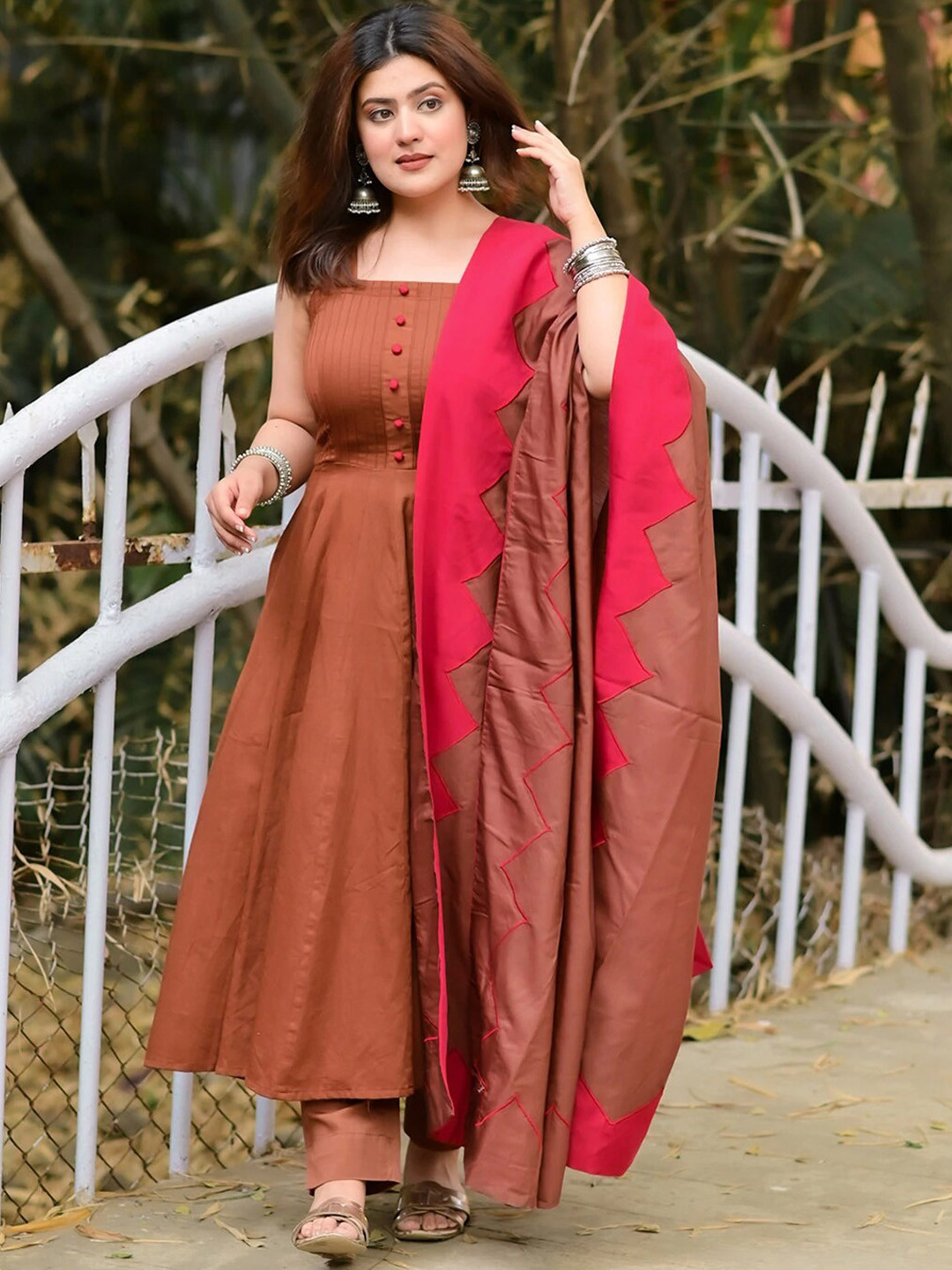 

Ambraee Brown Pure Cotton Kurta with Trousers & With Dupatta