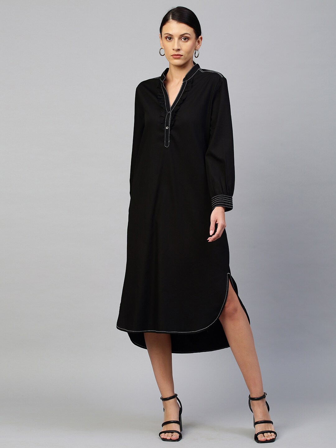 Chemistry Black Denim Shirt Midi Dress With oCntrast Sewing