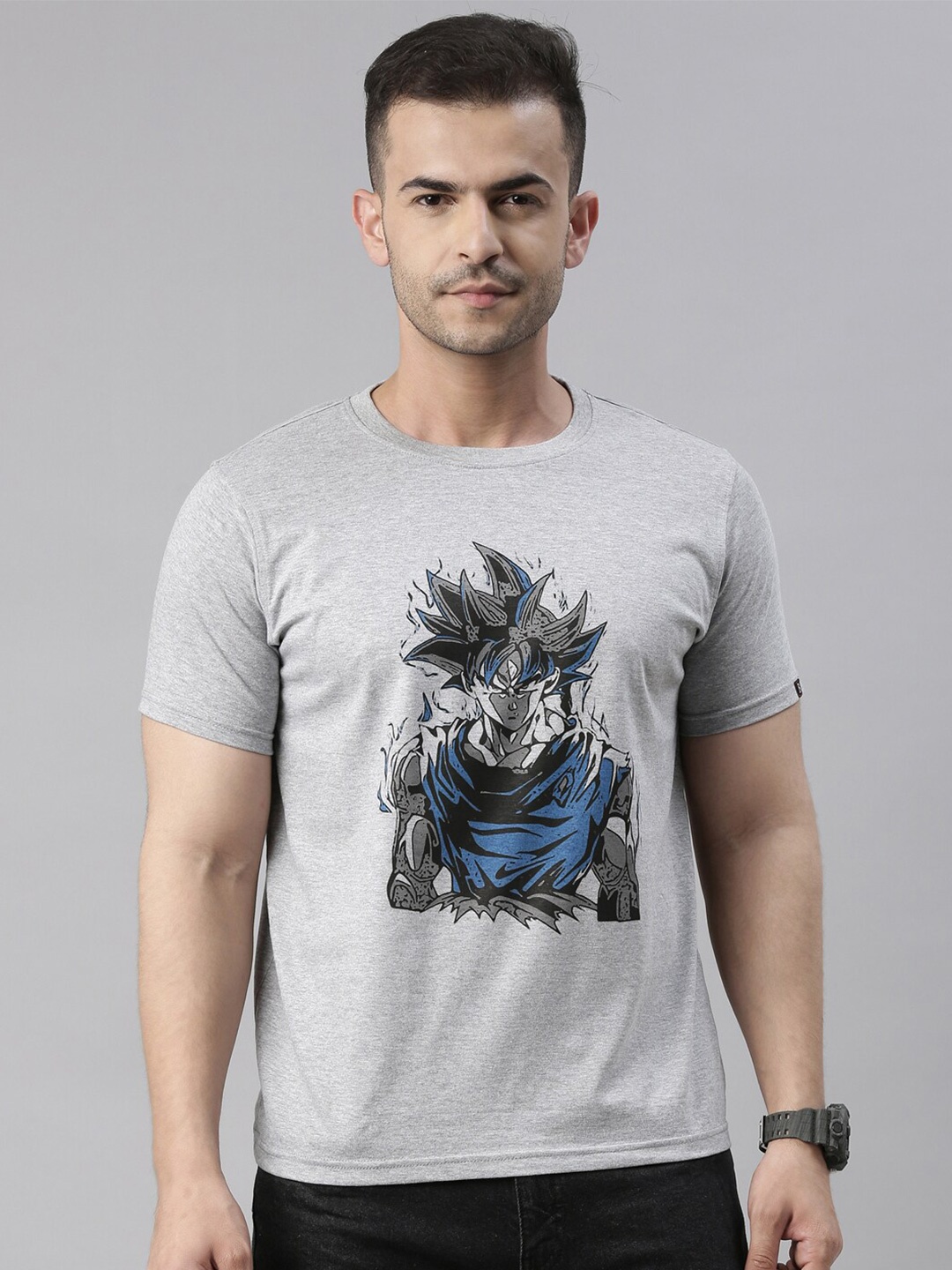 

Bushirt Men Grey Cotton Printed Anime Raw Edge T-shirt